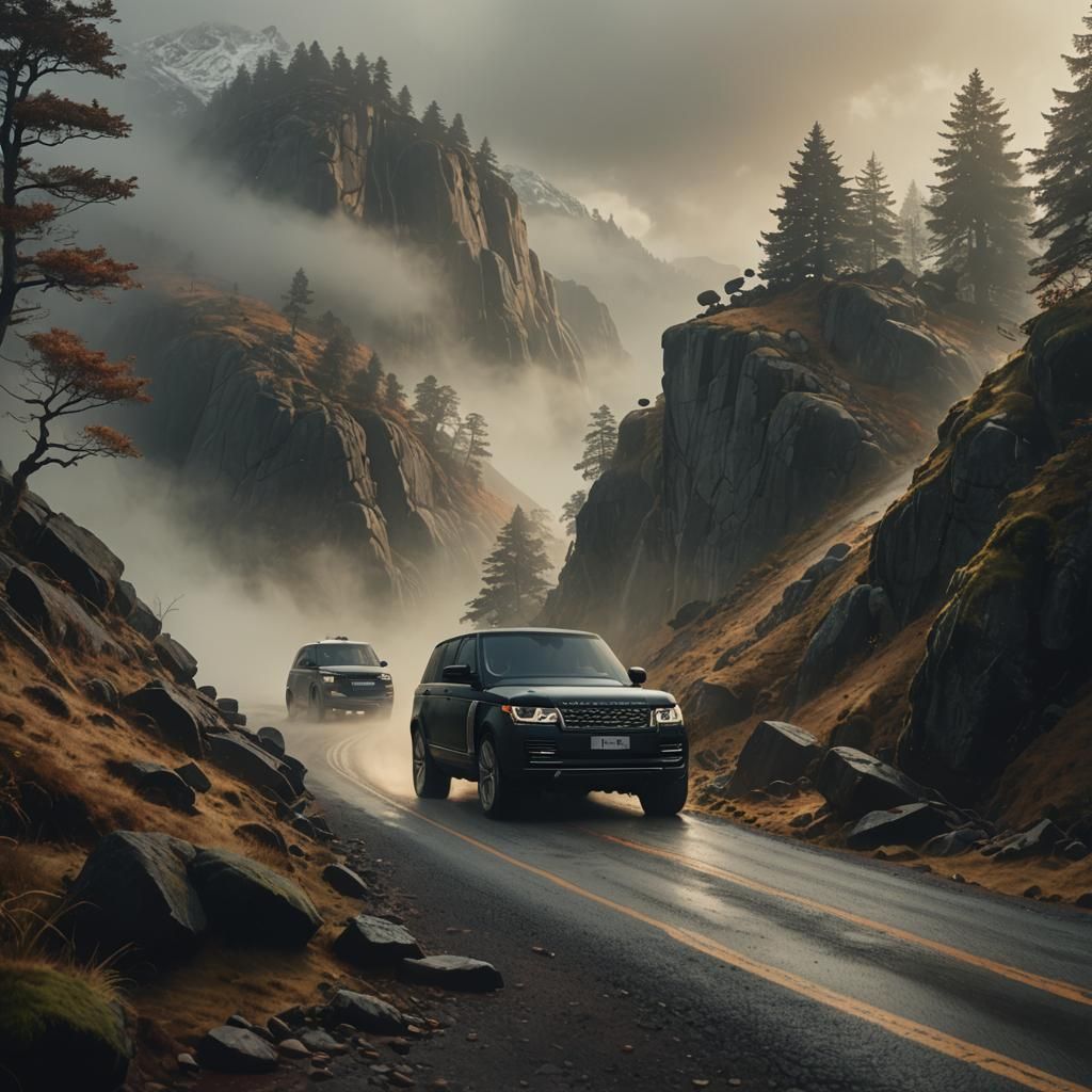 Range Rover on Misty Mountain Road in Cinematic Style