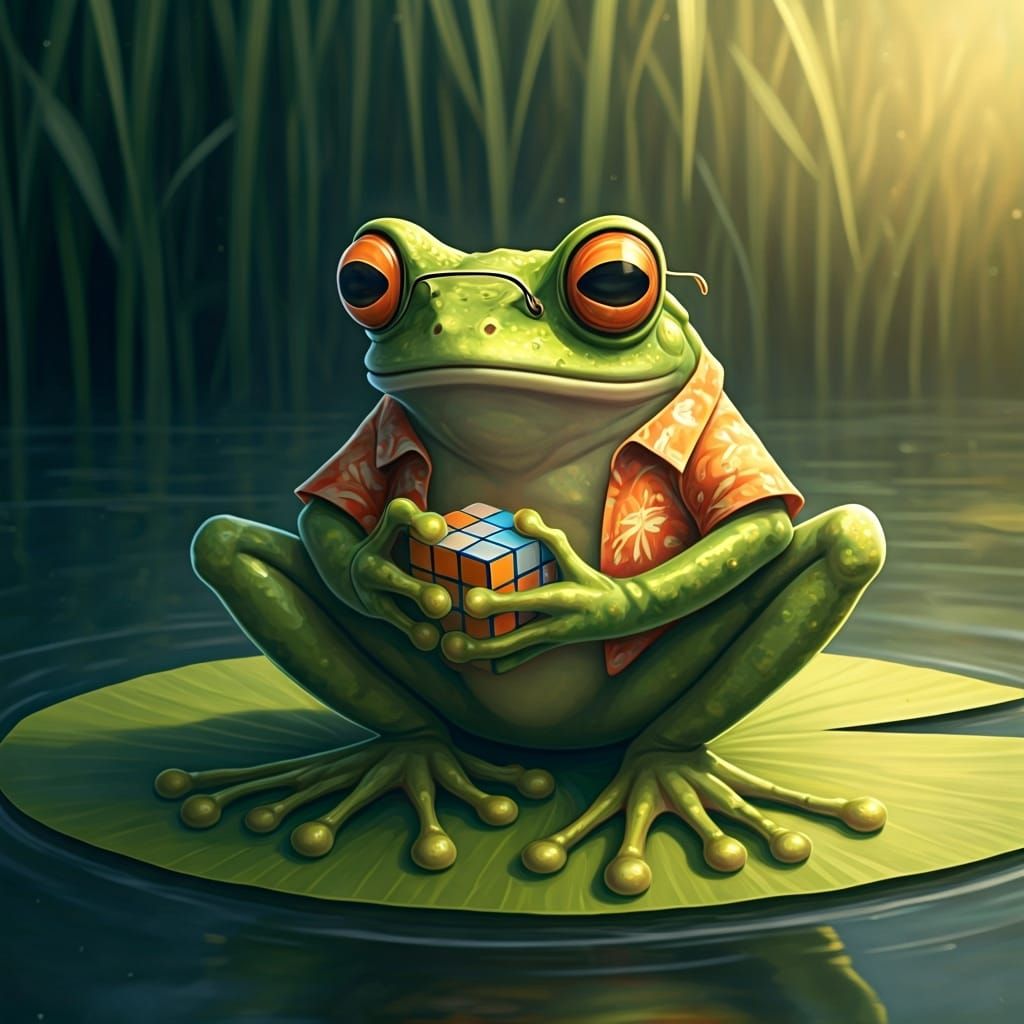 Frog Solving Rubik's Cube in Lake, Watercolor Style