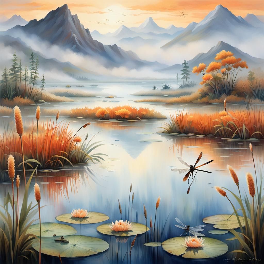 Misty Marsh Sunset: Digital Art Landscape