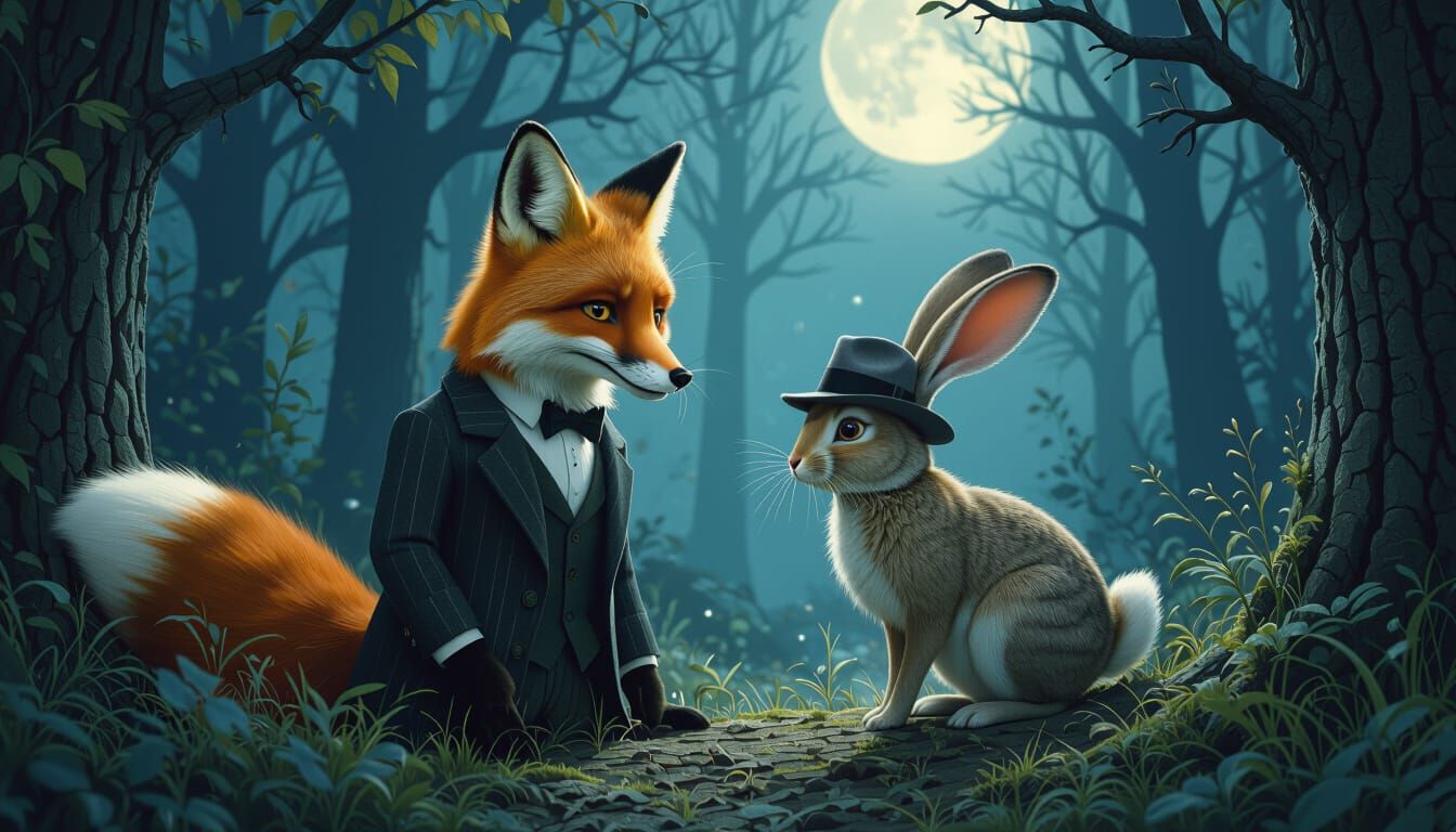 Fox and Hare Secret Agents in Mystical Forest Noir
