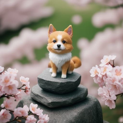 Chibi Dog in Serene Cherry Blossom Garden