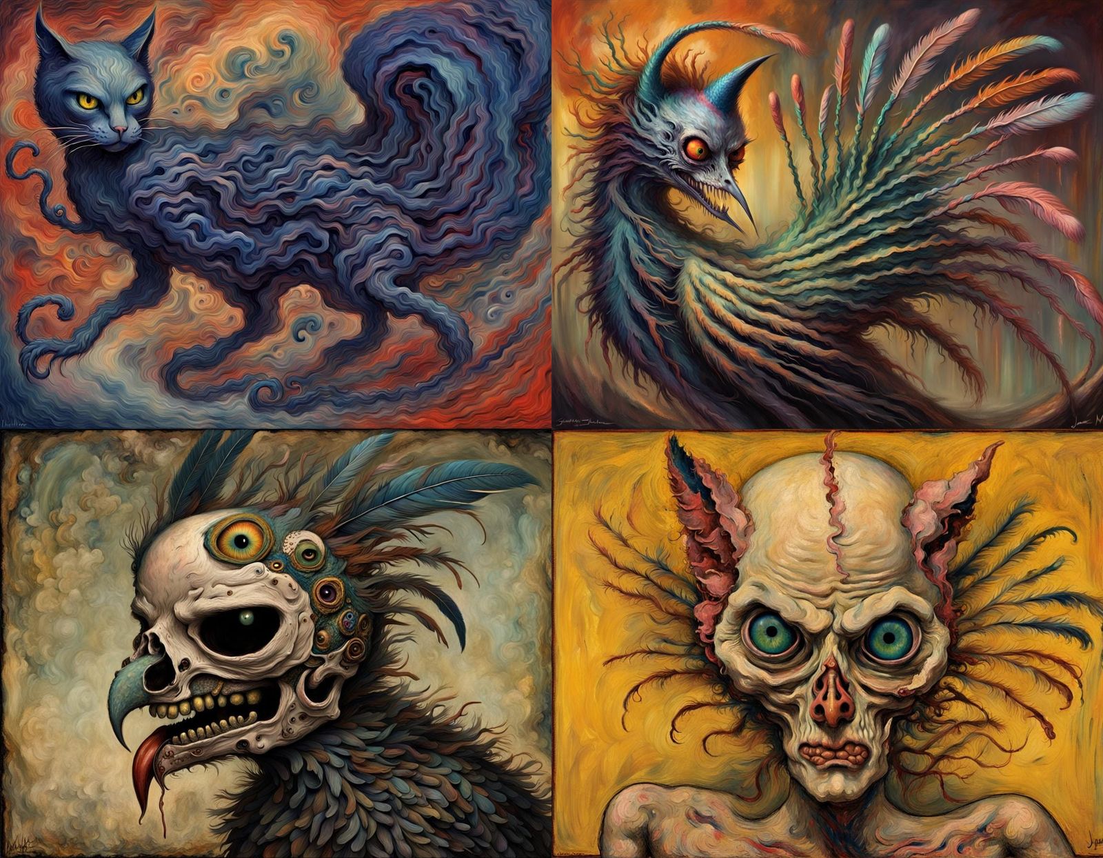 Grotesque Cat-Peacock Hybrid in Expressionist Style