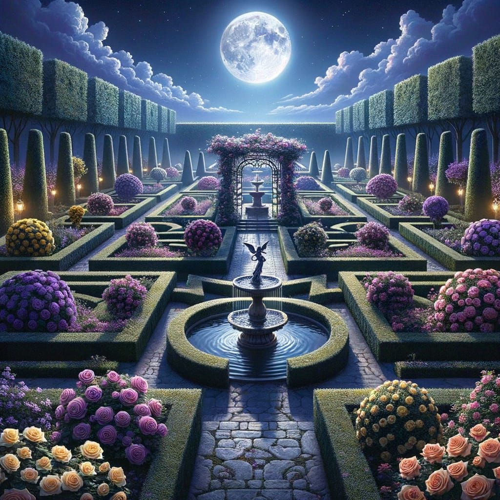 Enchanting Night in a Formal Rose Garden