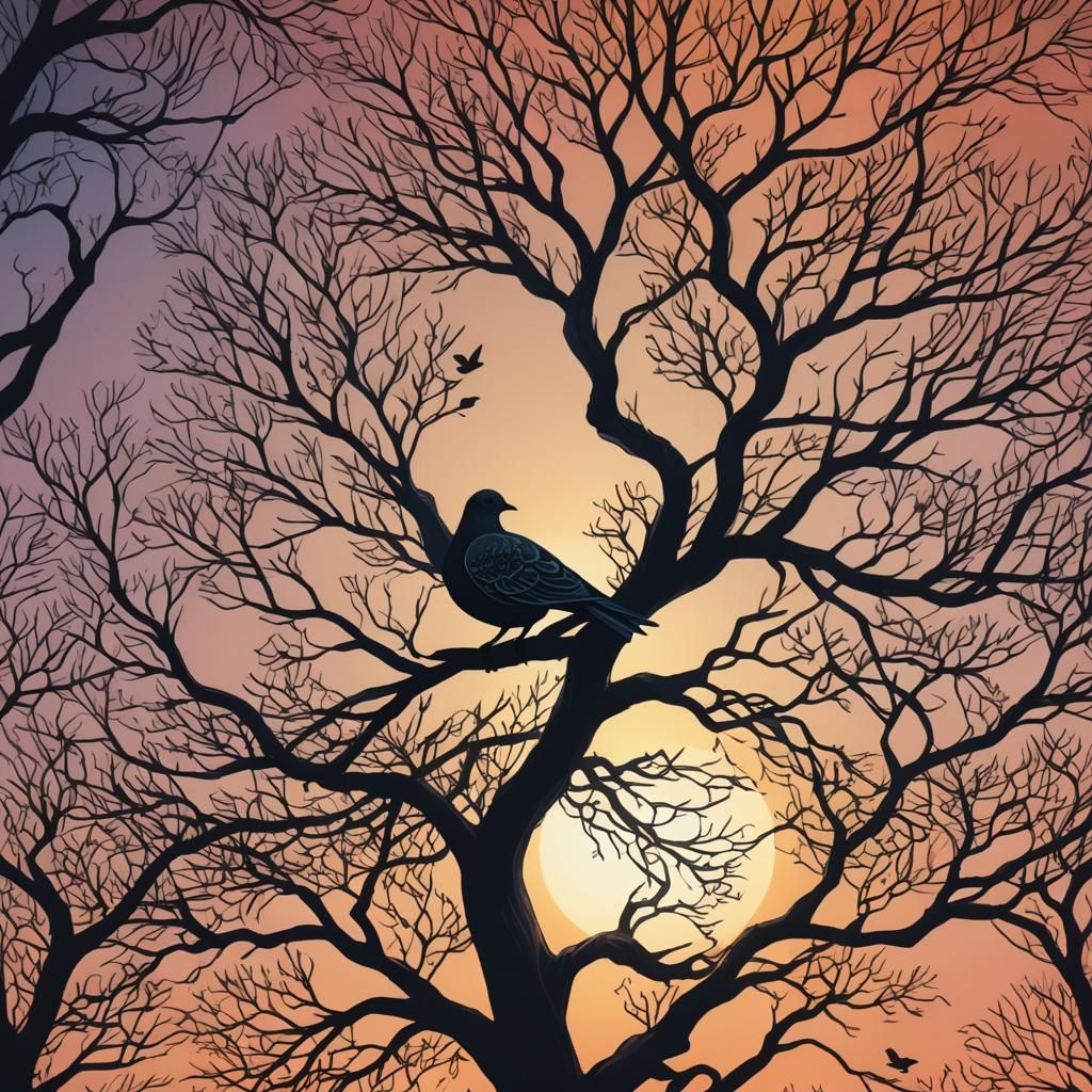 Tree and Dove Silhouette in Zentangle Style