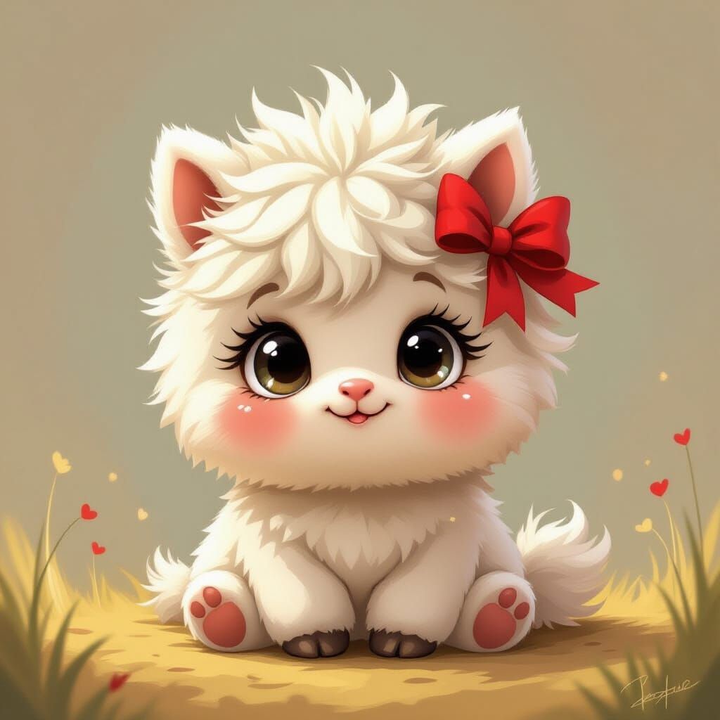 Cartoonish Fluffy Pony with Red Ribbon