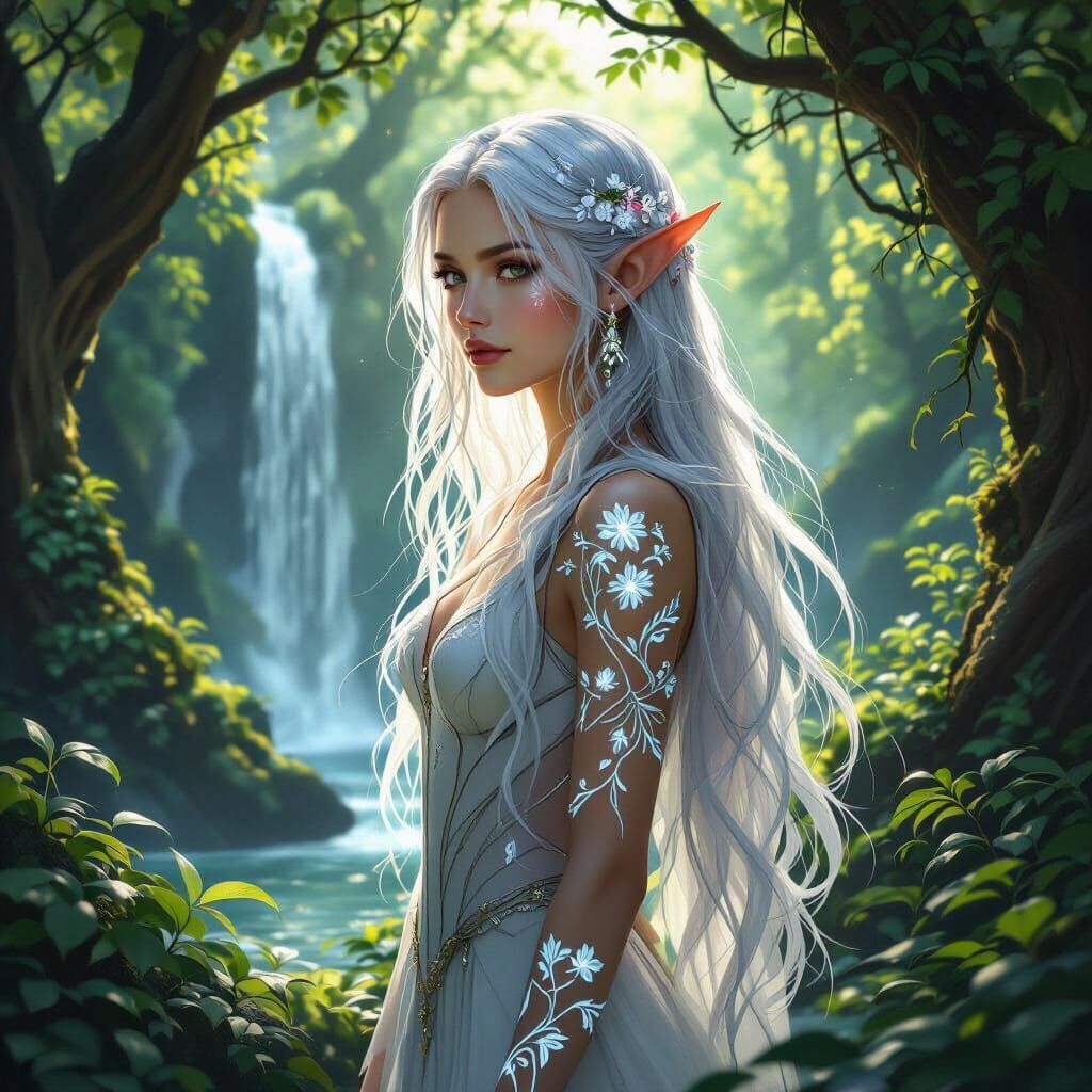 Ethereal Elf in Sunlit Forest Clearing