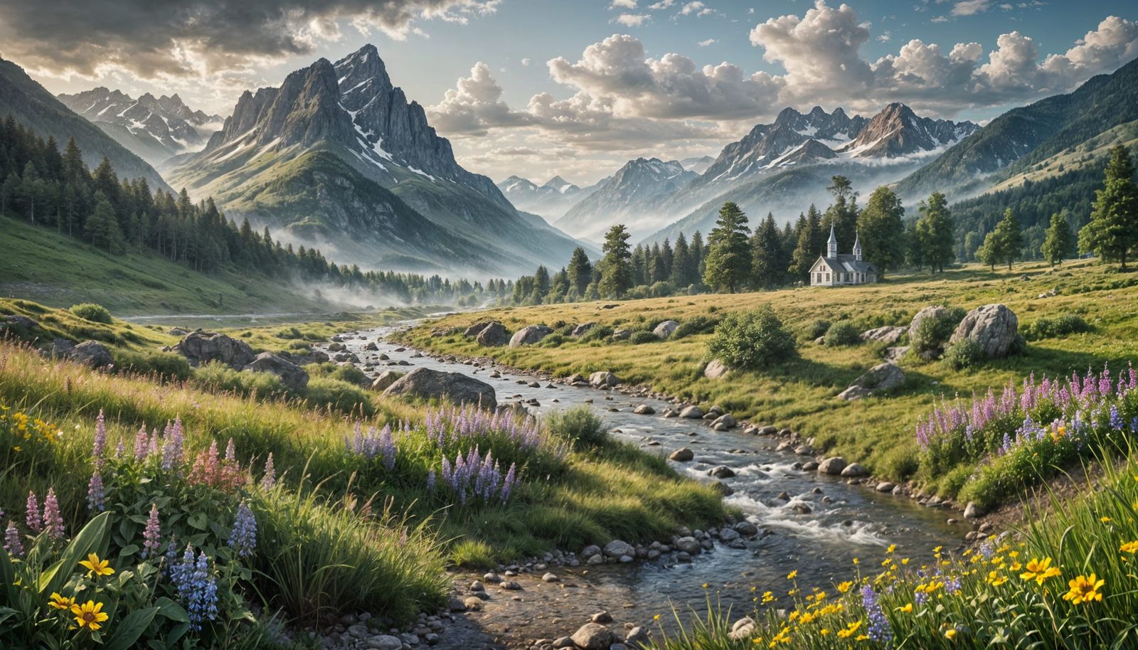 Majestic Mountain Valley Landscape with Misty River