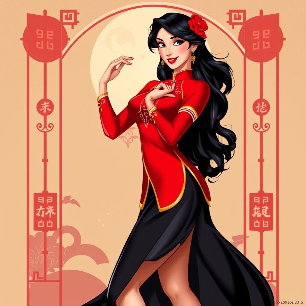 Vibrant Pin-Up Girl in Red Cheongsam, Art Deco Chinese Motif...