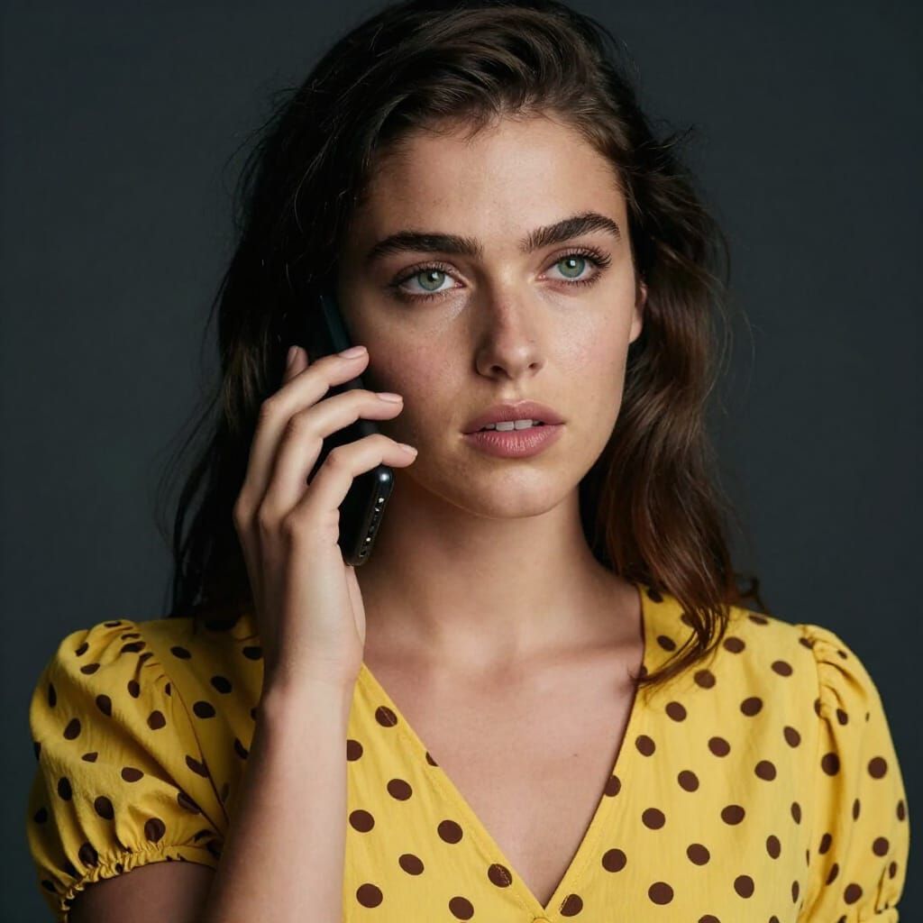 Woman in Polka Dot Dress Talking on Cellphone