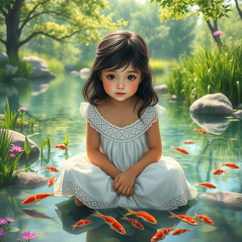 Child by Pond: Painterly Watercolor Illustration