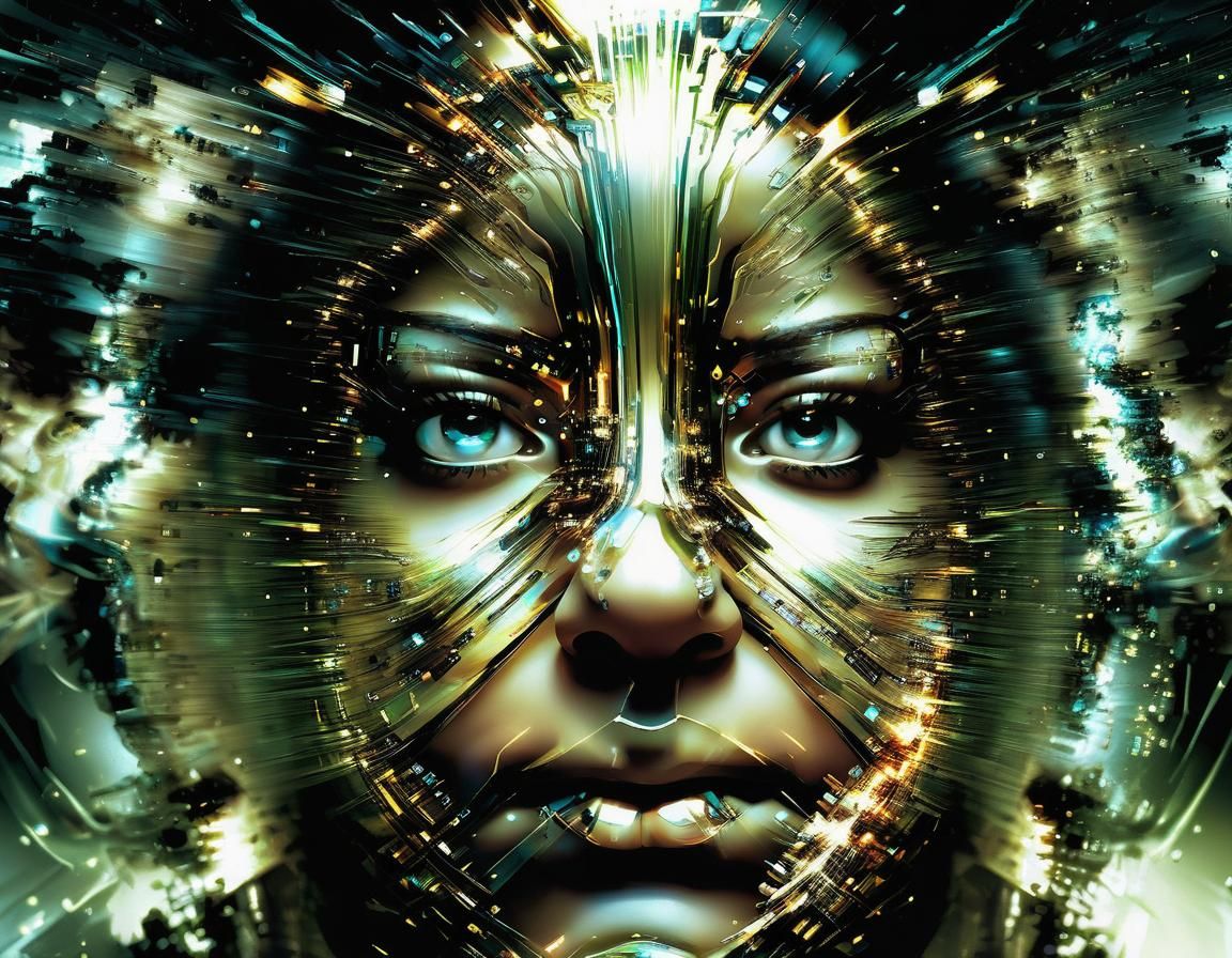 (Double Exposure Image: The Face Of AI More Glowing Assembling Energy Digital Construct Avatar Than A Disintegrating Phy...