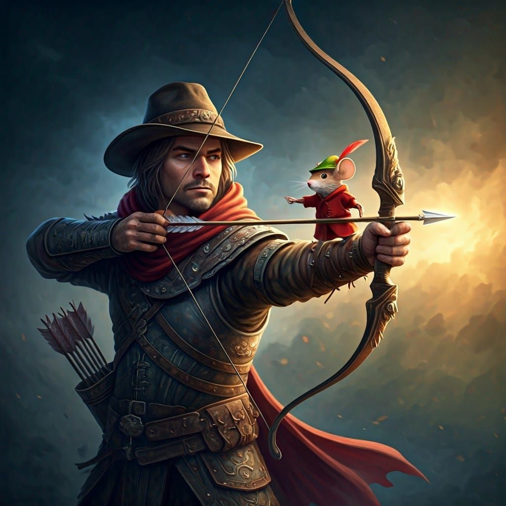 Whimsical Archery Scene with Mouse in Robin Hood Costume