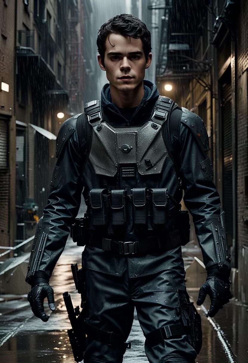 Cinematic Film Still of Man in Chicago Alleyway