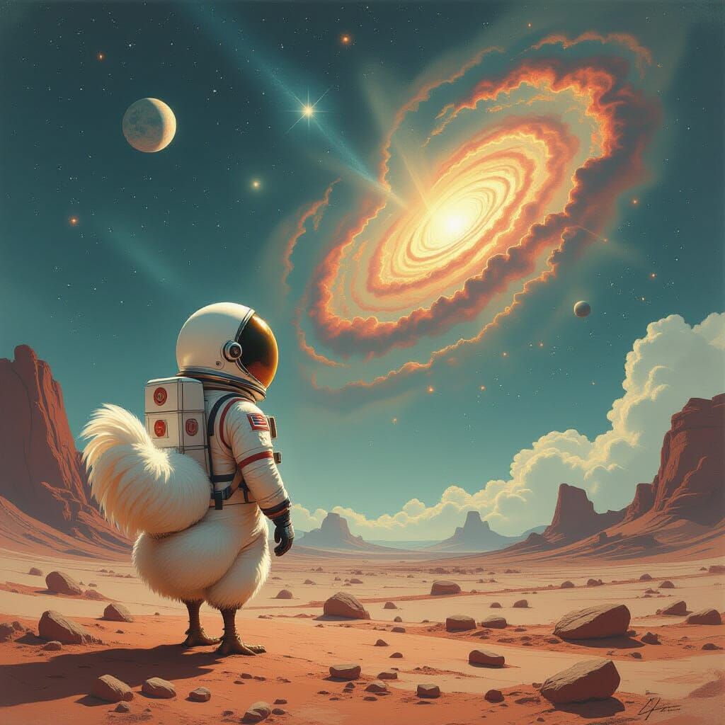 Lone Chicken Astronaut on Alien World in Surreal Style