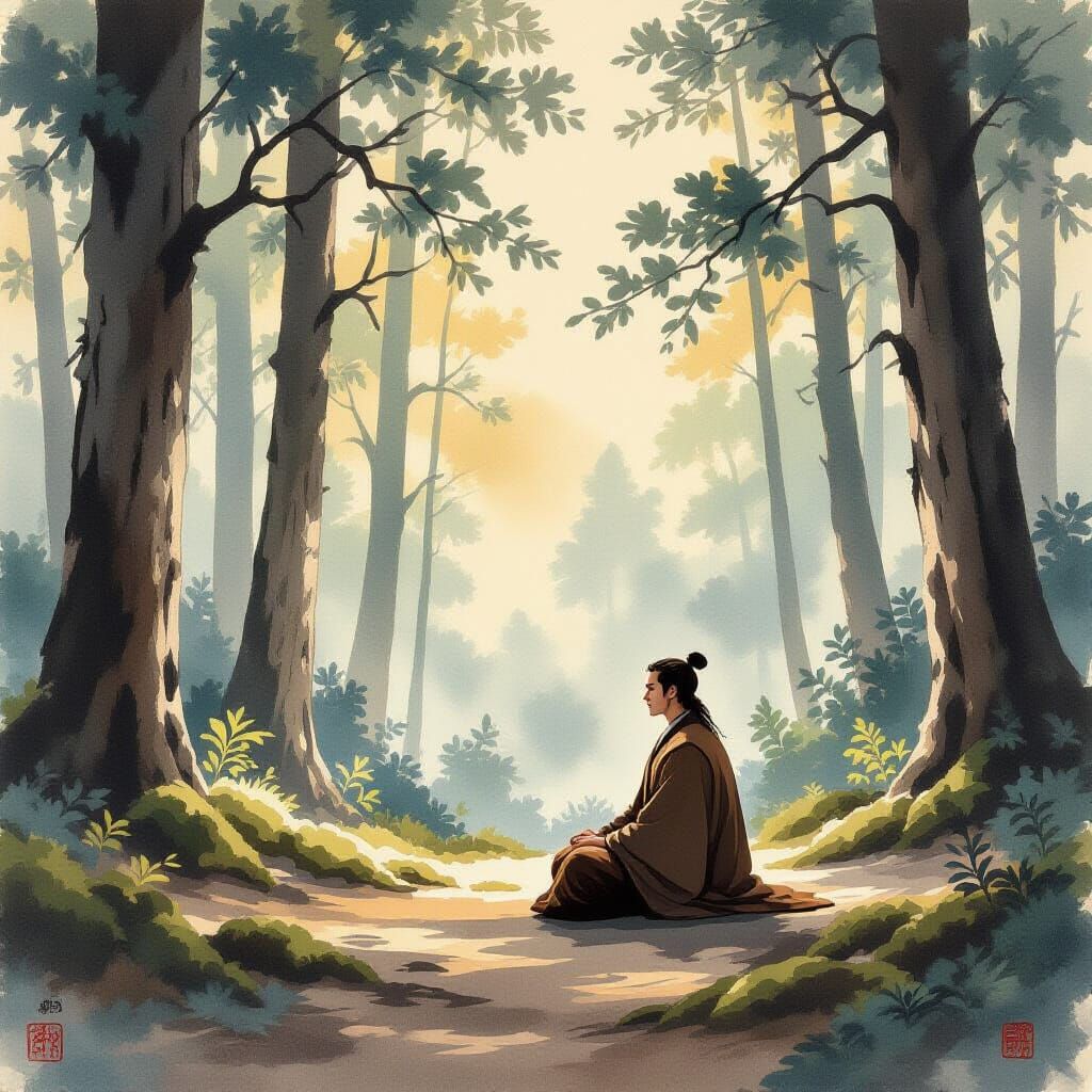 Jedi Knight Meditates in Sumi-e Forest Clearing