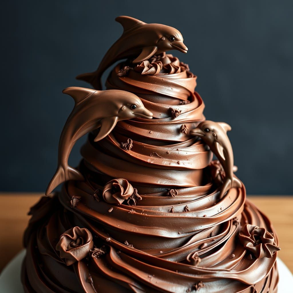 Chocolate Dolphins Swim Through Chocolate Cake Icing