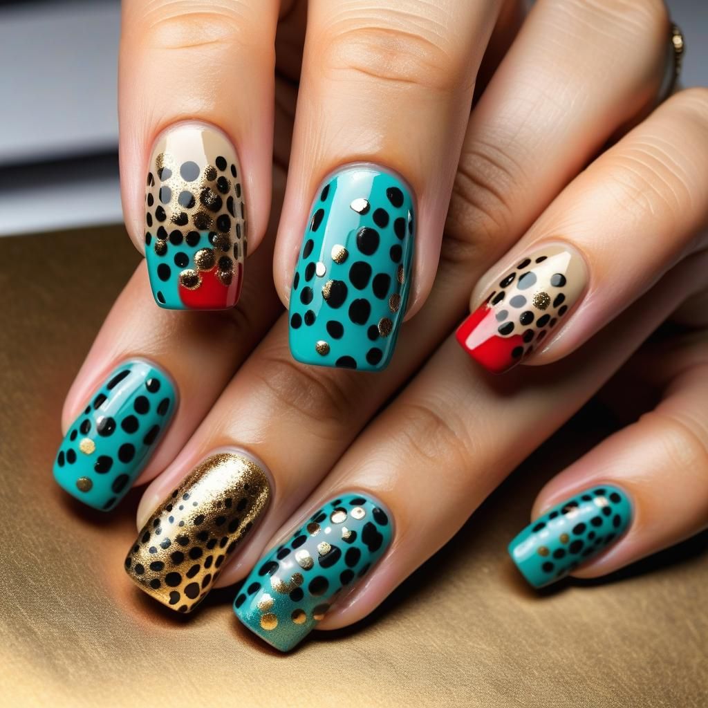 Minimalist Cheetah Nail Art with Red and Teal Accents