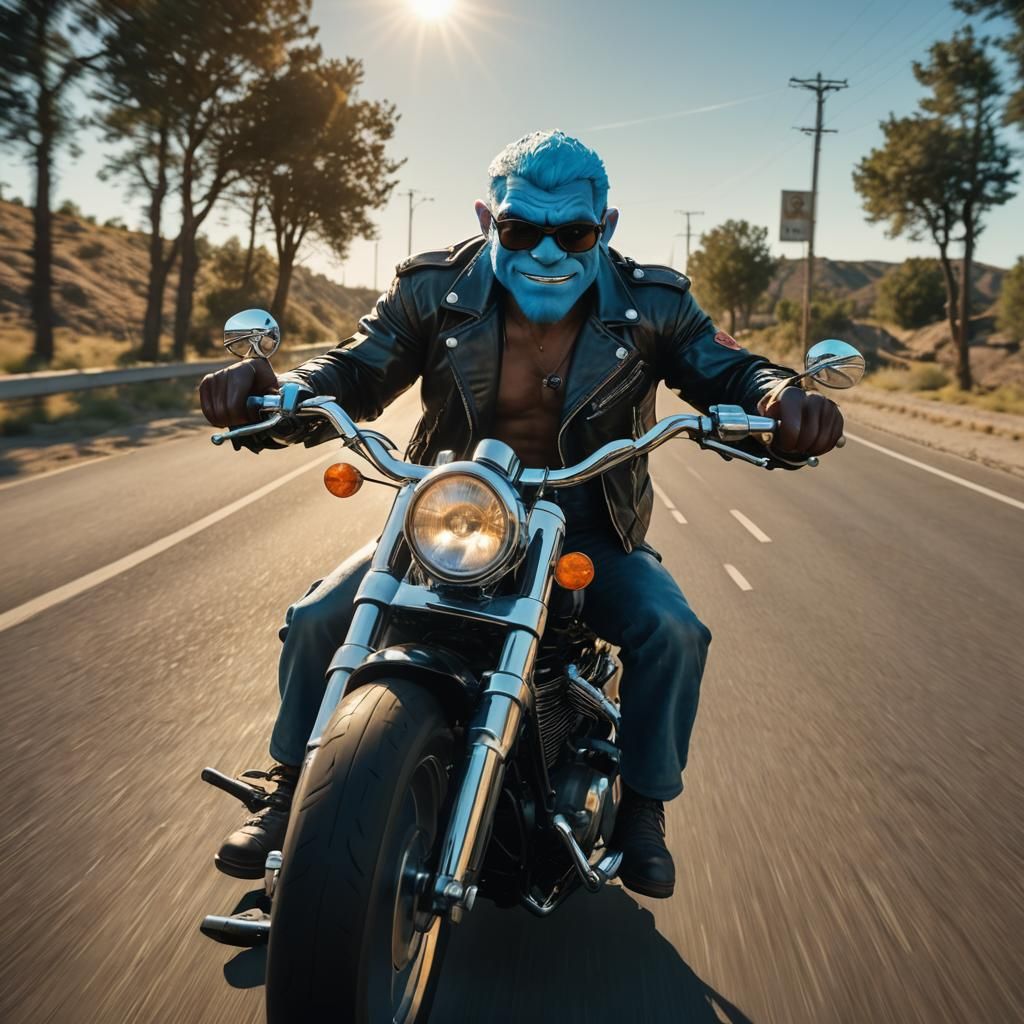 Muscular Smurf Rides Harley in Comic Book Style