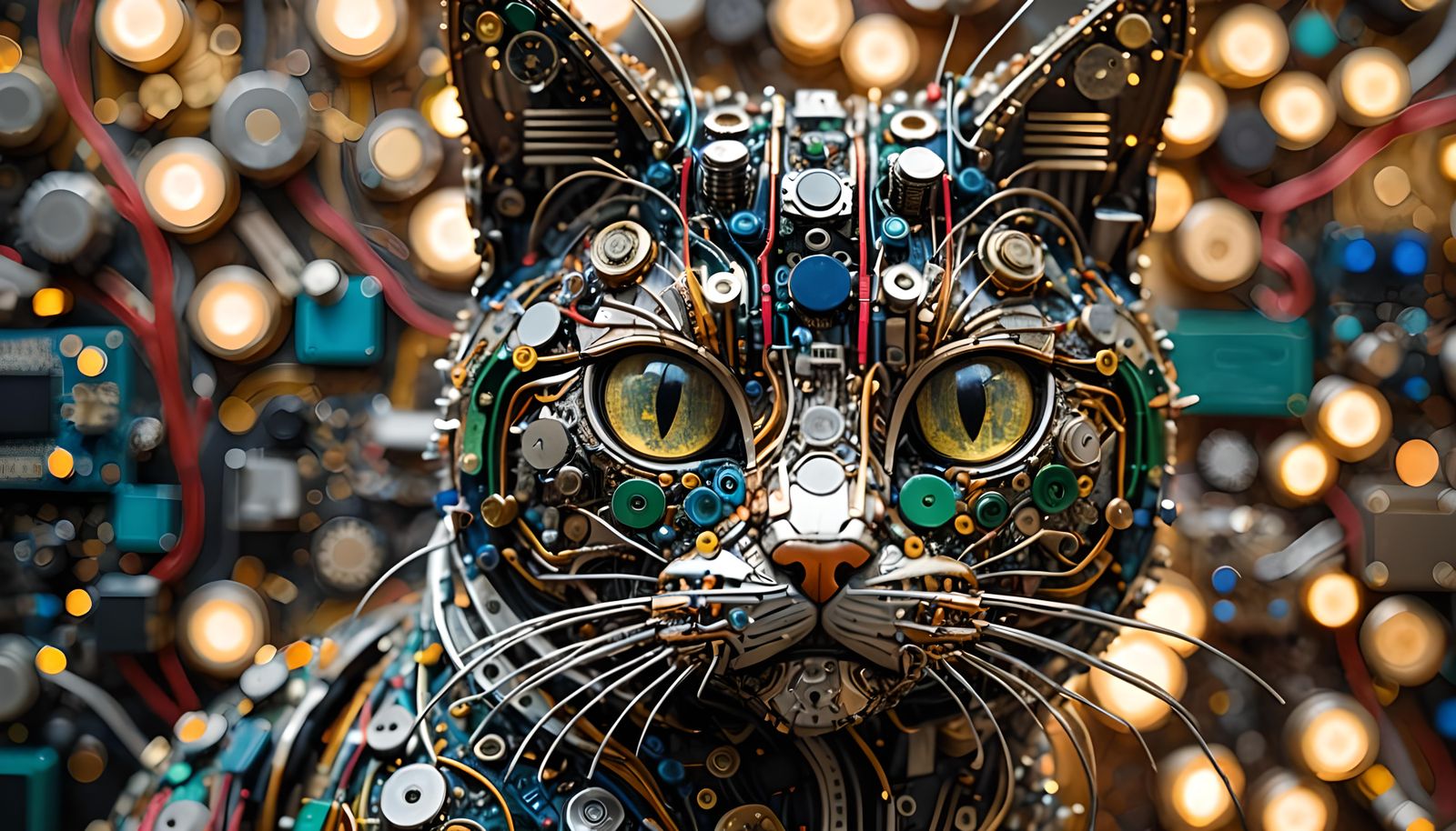 Intricate Electronic Cat Sculpture: Photorealistic 8k Image