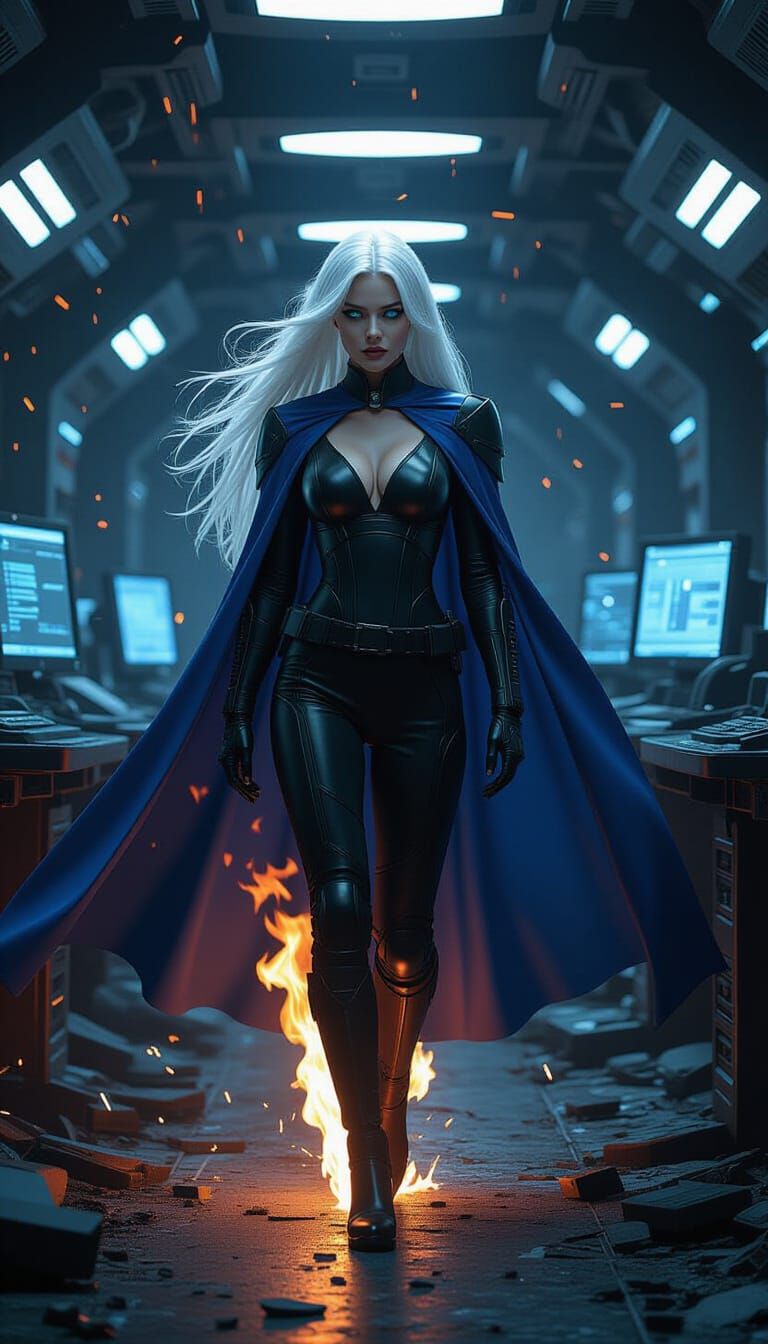 Cybernetic Woman Engulfed in Flames: Cinematic Film Still