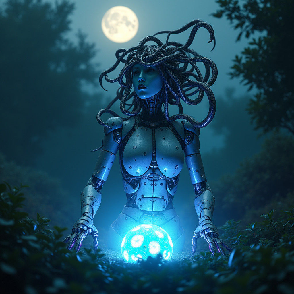 Robot Medusa Emerges in Eden: Cinematic Film Still