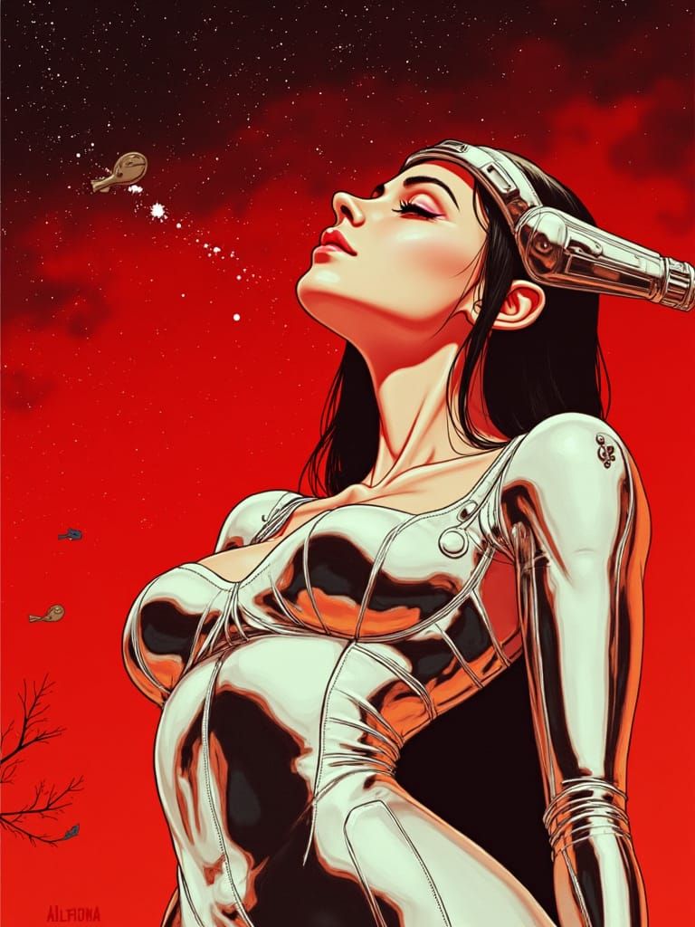 Celestial Woman Gazing at Starry Night Sky