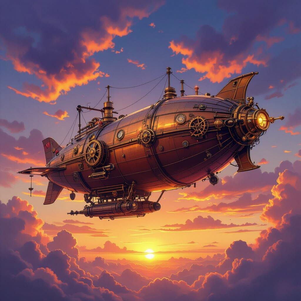 Steampunk Airship Soaring Through Sunset Sky