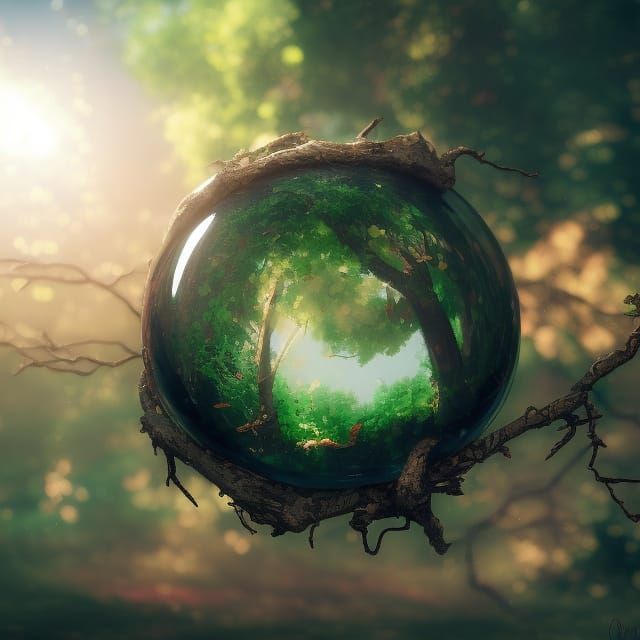 Glass Sphere in Tree Branches: Fantasy Concept Art