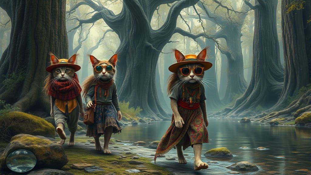 Boho Cats in Mystical Forest: Photo-Realistic Style