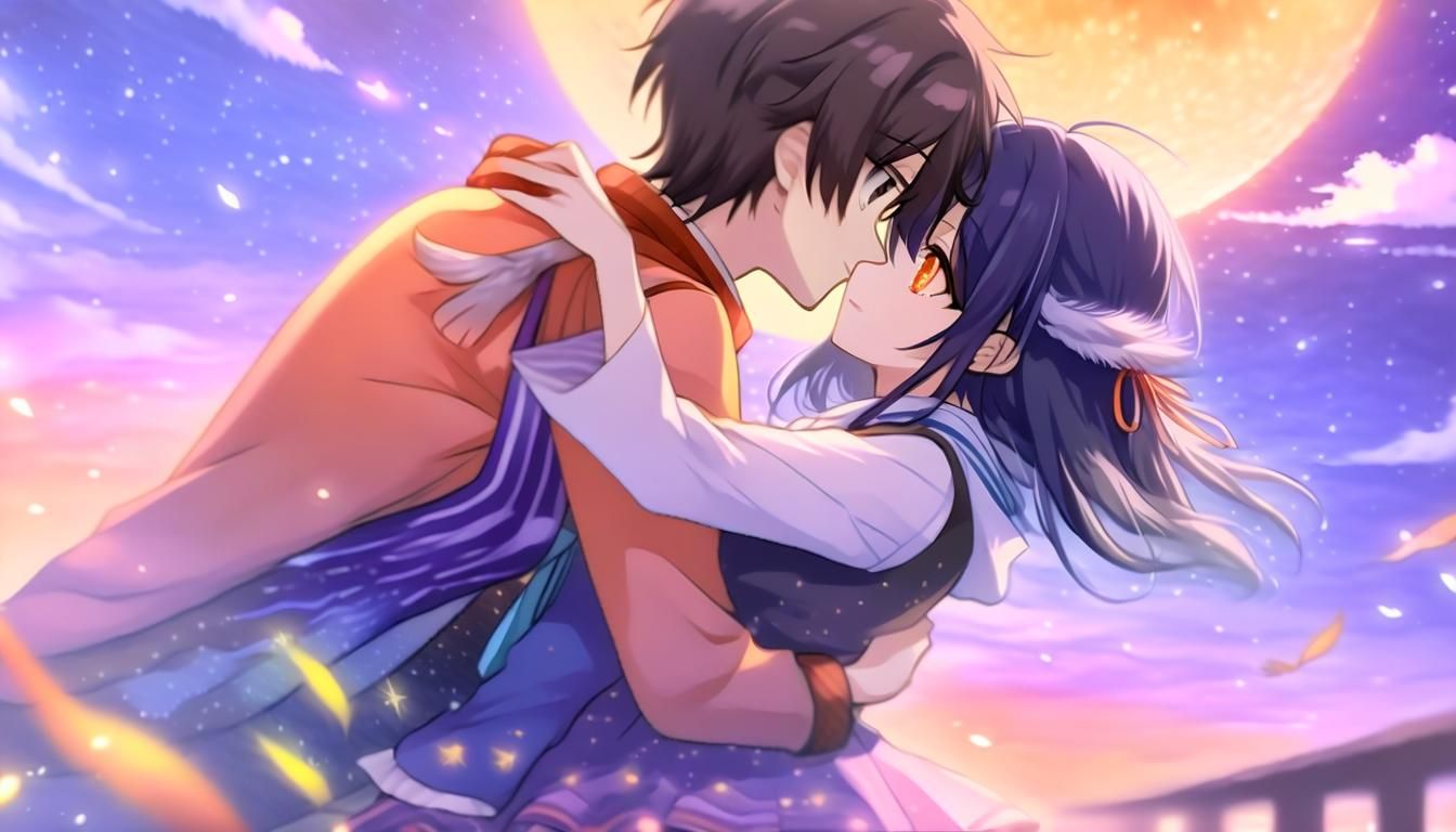 Romantic Anime Couple Under Glowing Moon