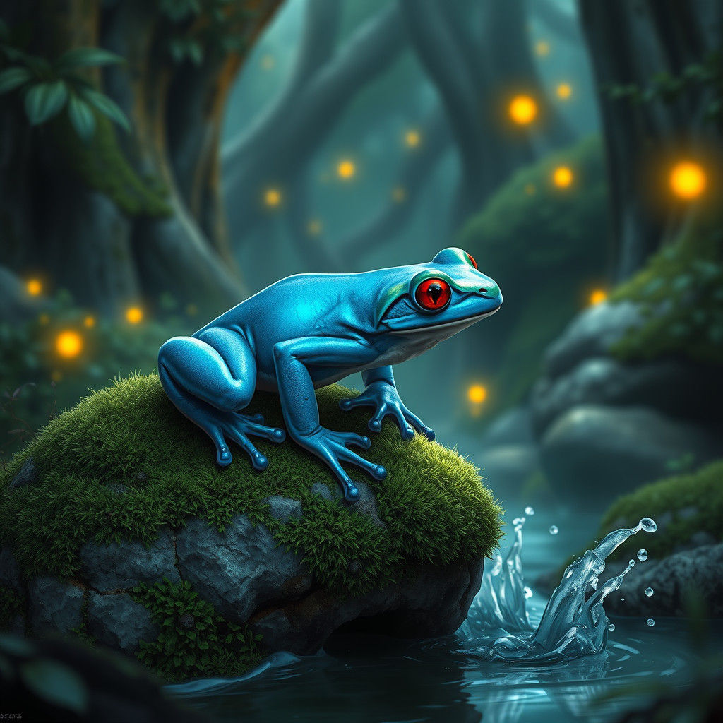Iridescent Blue Arrow Frog in Mystical Forest