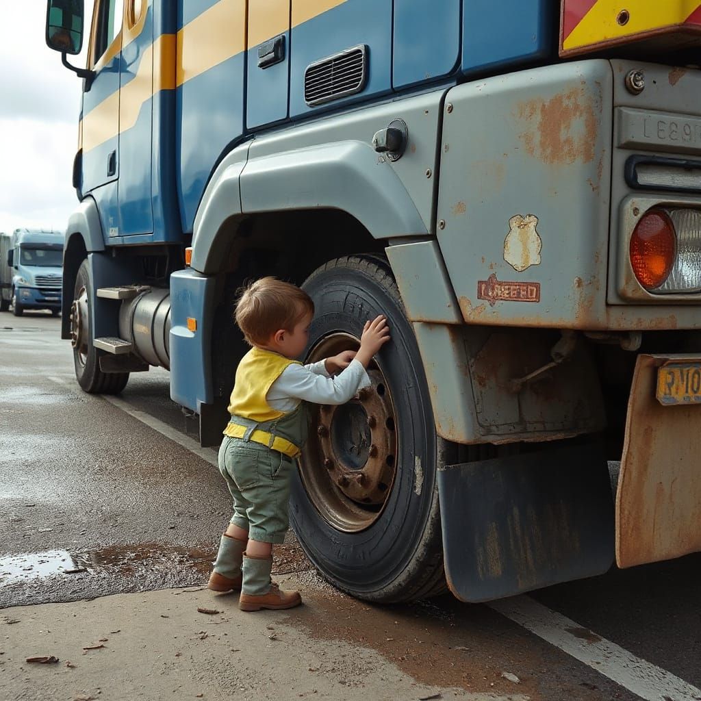 Hyperrealistic Scene: Little Person Changing Truck Tire