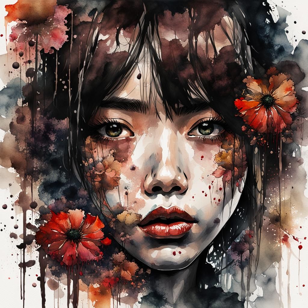 Japanese Girl with Floral Lips in Watercolor Style