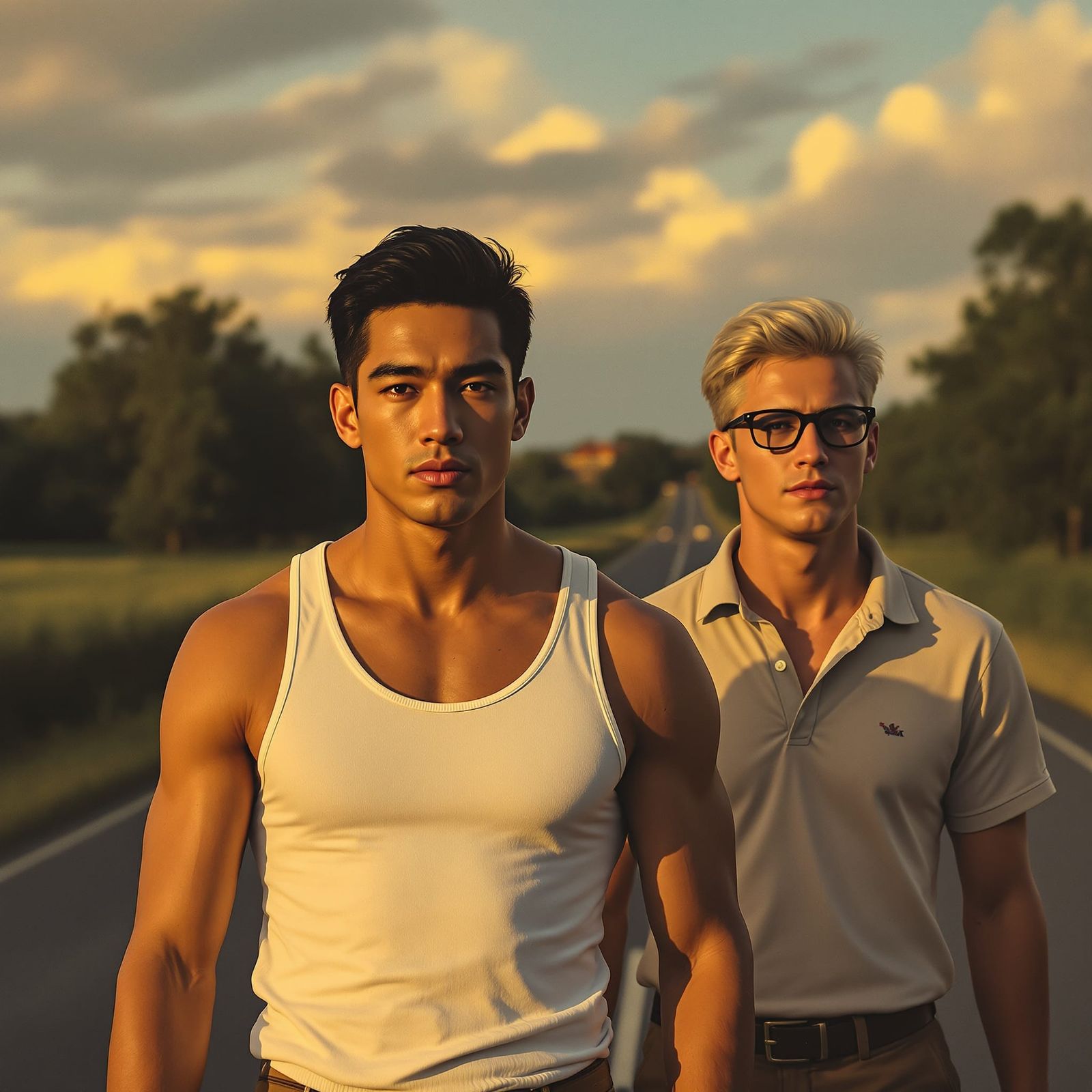1950s College Men Walk Country Road at Dusk