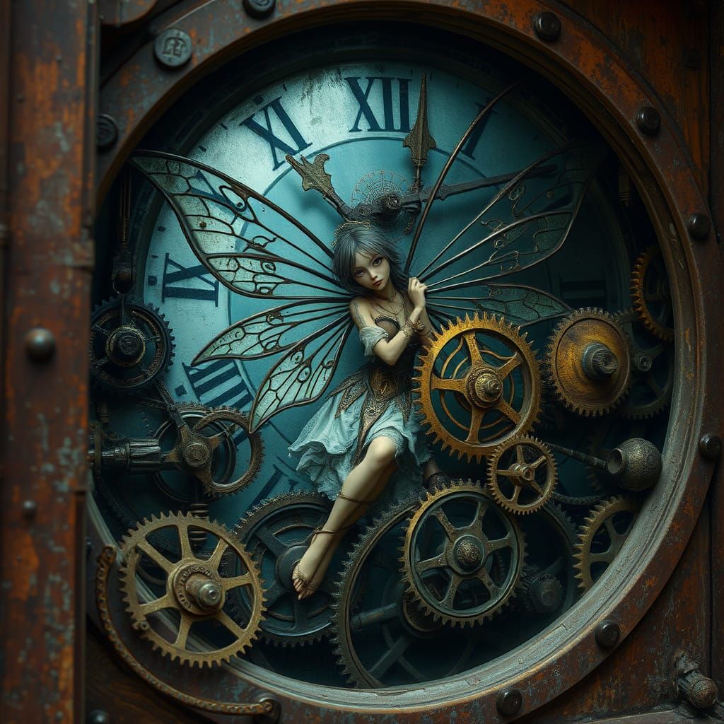 Clockwork Fairy in Steampunk Biomechanical Clock Tower