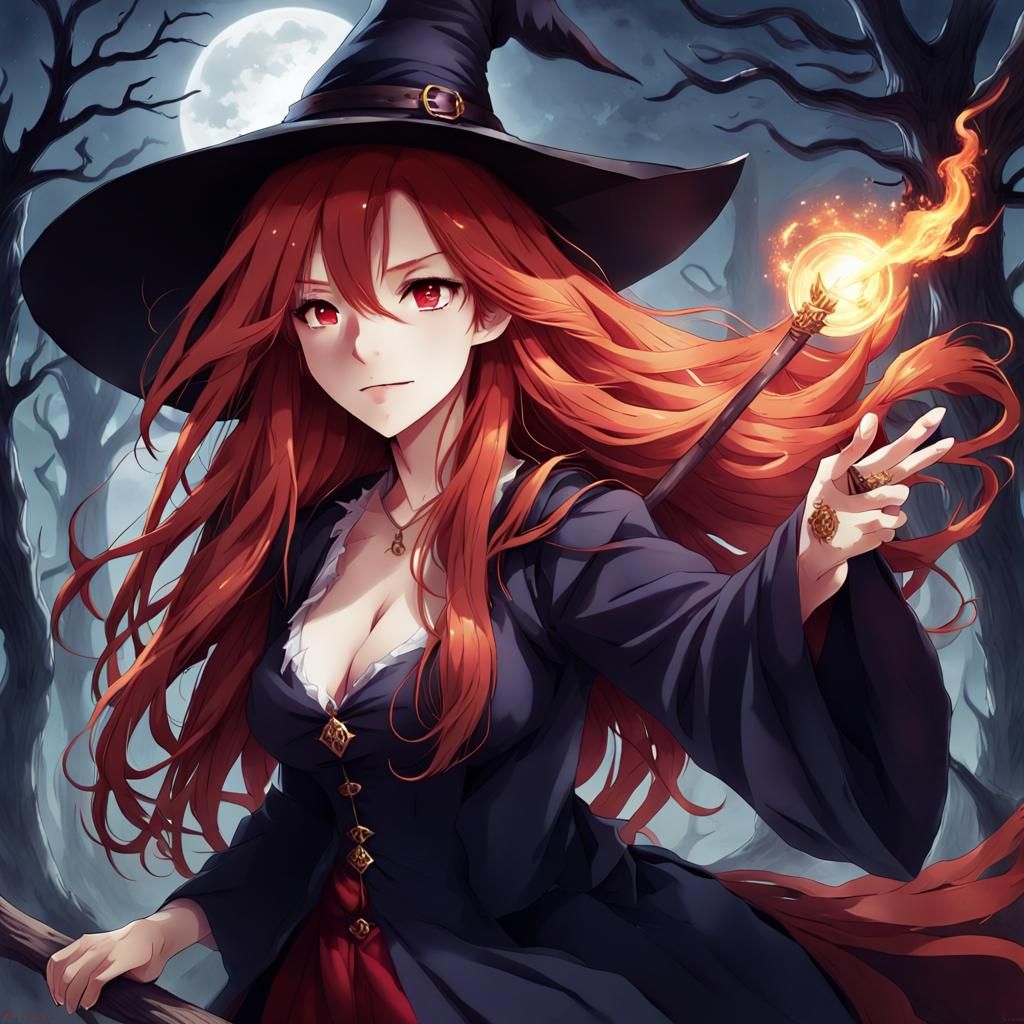 Beautiful Red-Haired Witch in Anime Style