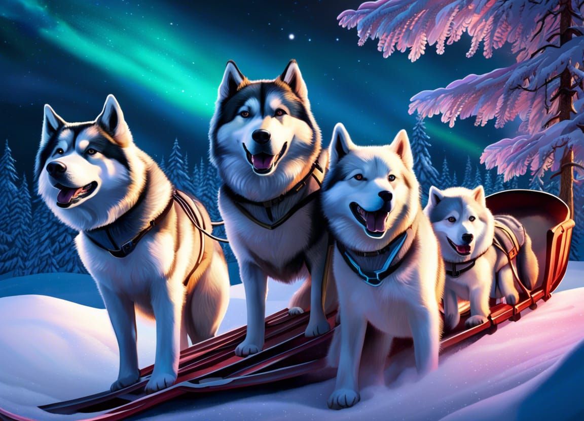 Alaskan Husky Sled Dogs in Alaskan snow and mountains Under the Aurora Borealis