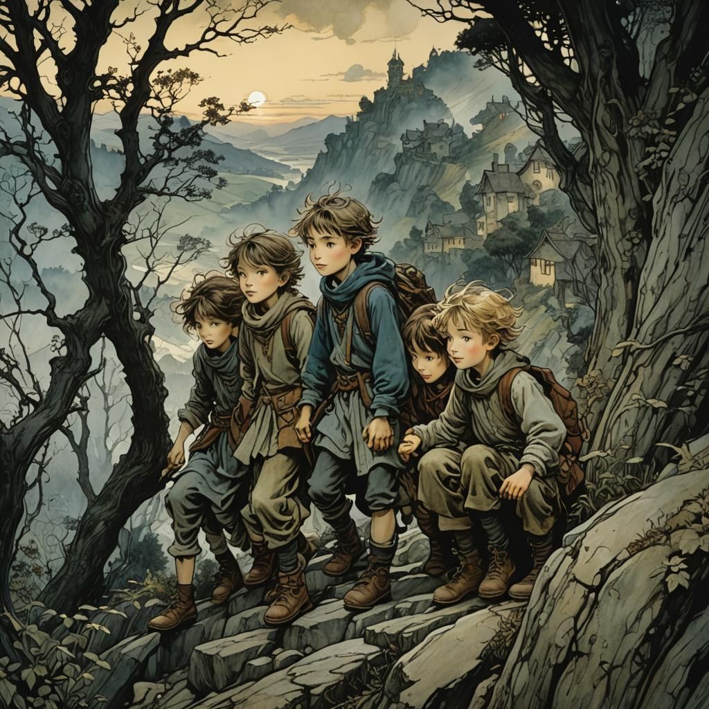 Siblings Climb Steep Slope at Dusk in Intricate, Whimsical S...