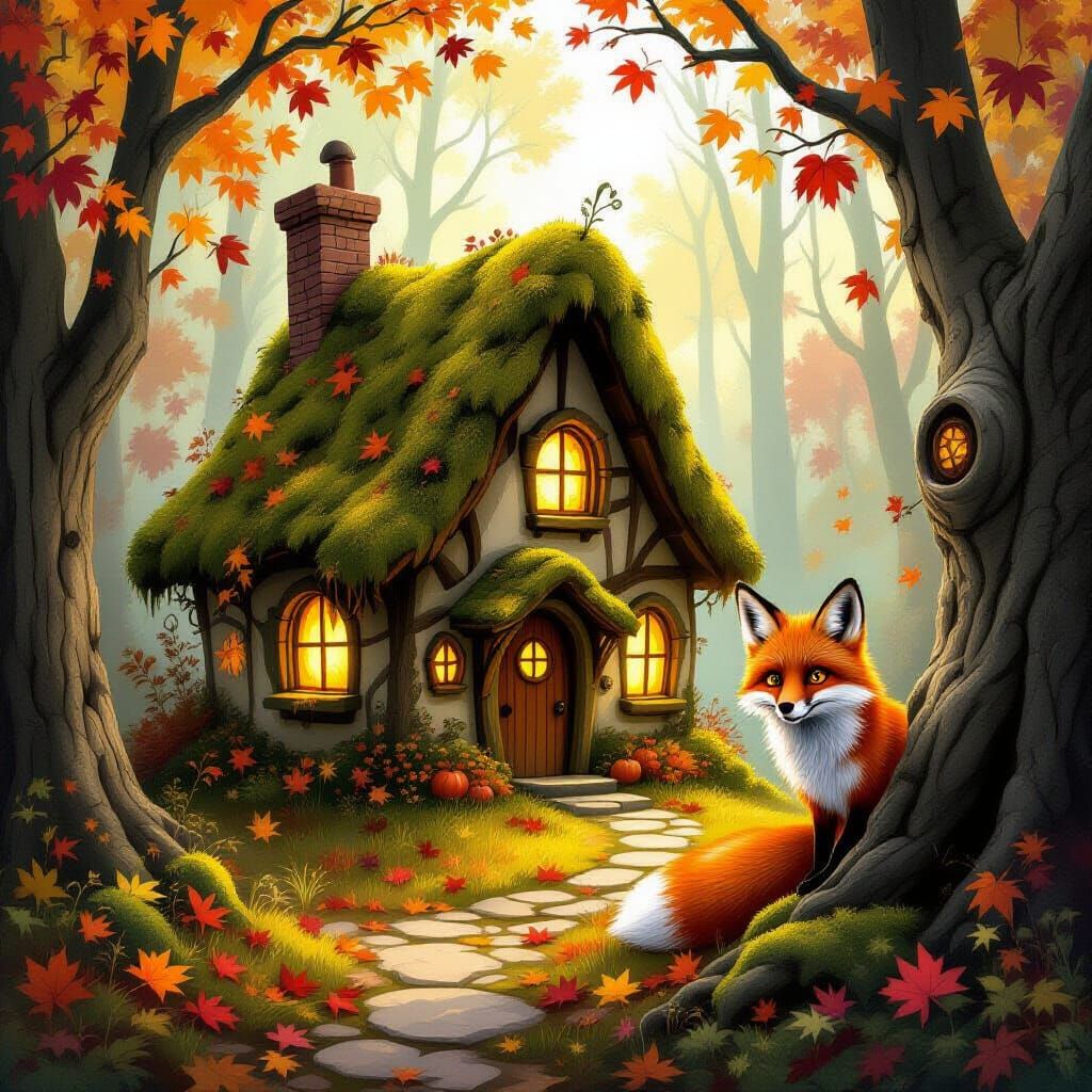 Enchanted Autumn Cottage with Mischievous Fox