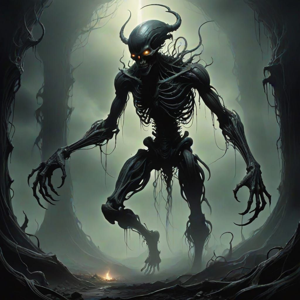 Dark Fantasy Horror Beast Emerges from Shadowy Nightmare