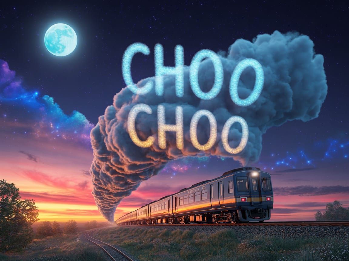 Train in Sky with Steam Message, Digital Painting