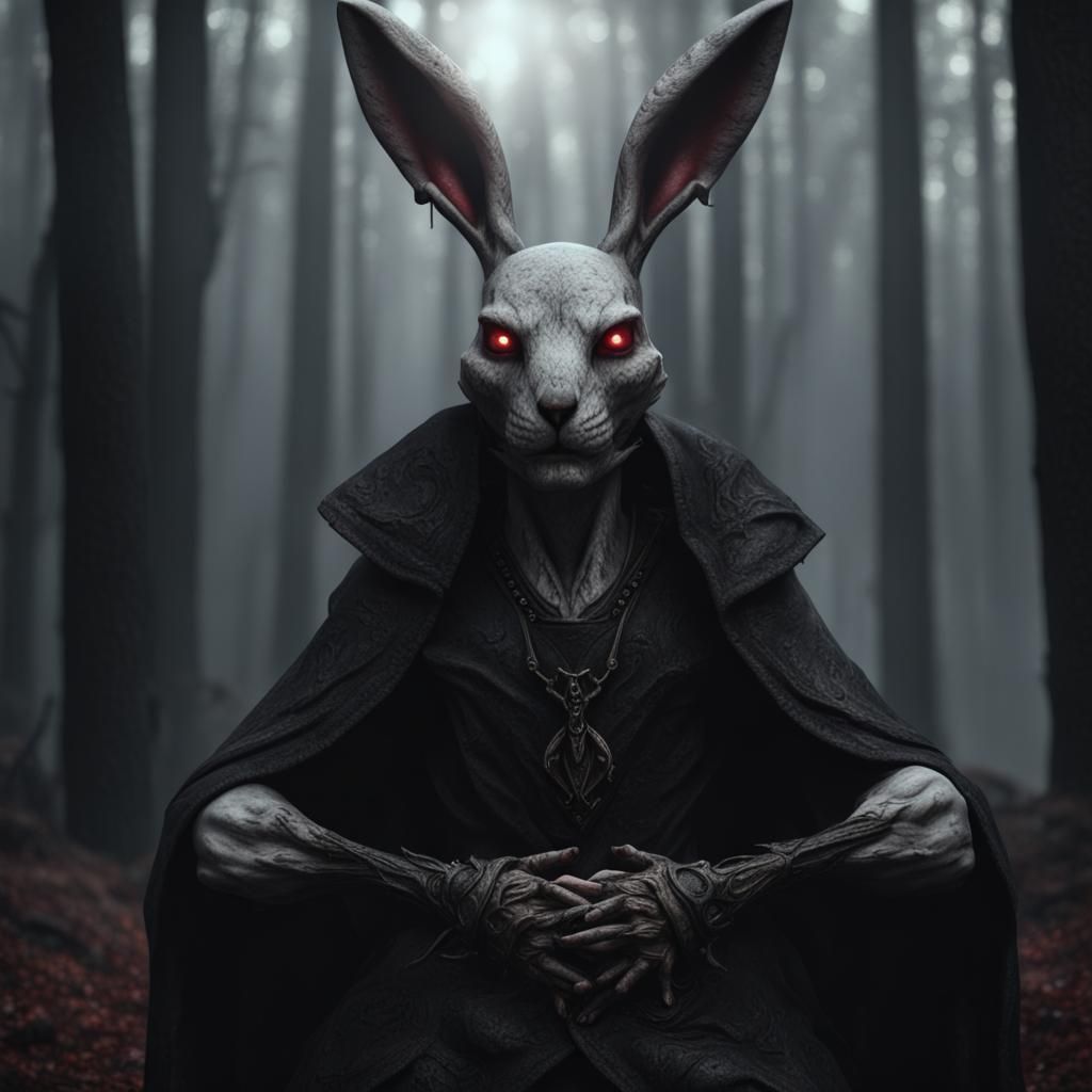 Evil Rabbit Necromancer in Dark Woods: 8K Realism