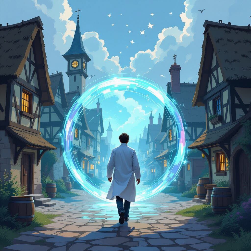Scientist's Portal to Medieval Village: Sci-Fi Concept Art