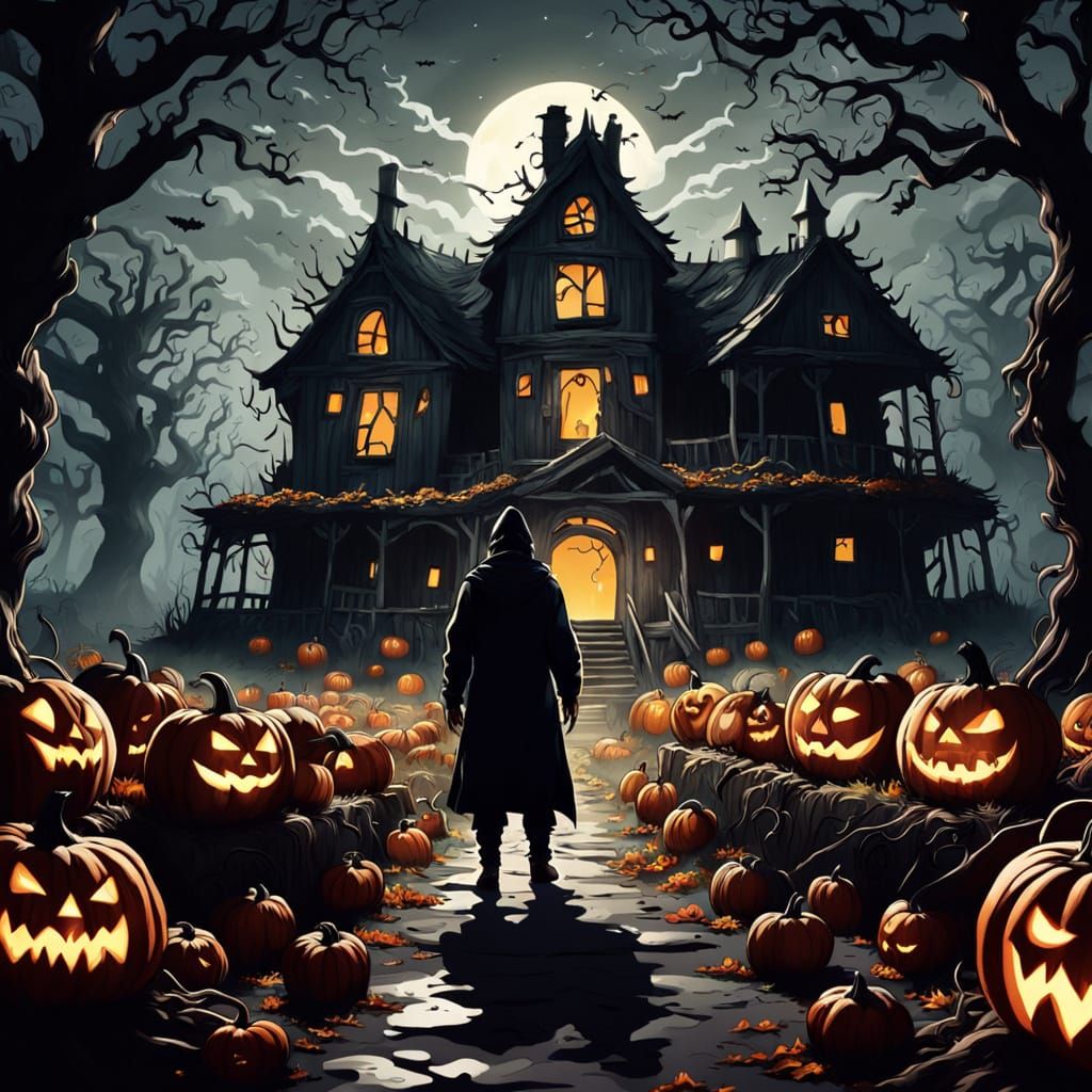 Sinister Pumpkin Patch with Shadowy Figure