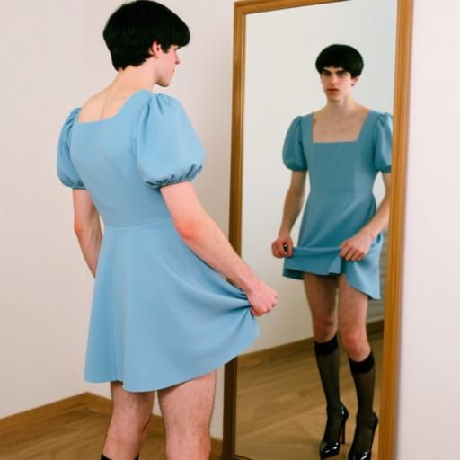Crossdressing Young Man in Minidress and Heels