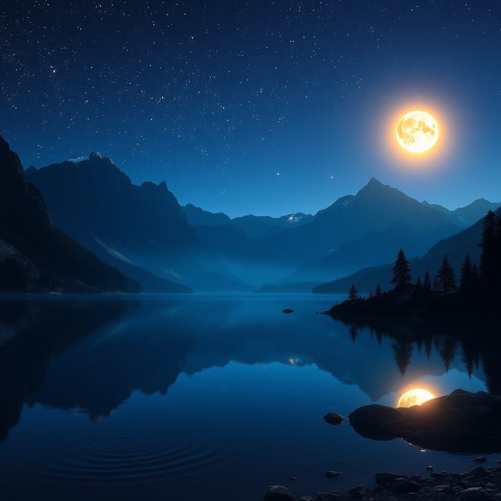 Surreal Mountain Lake at Night with Majestic Silhouettes and...