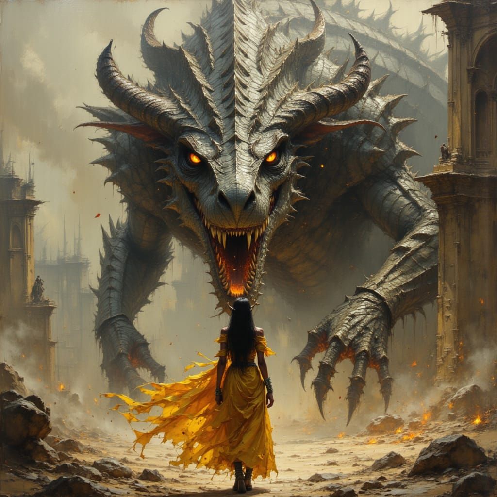 Warrior Goddess Confronts Dragon in Oil Painting Style