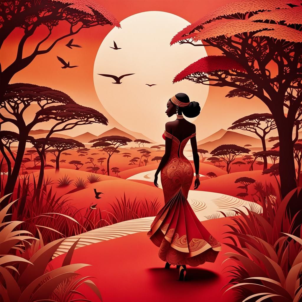 Elegant Woman in African Savannah: Paper-Cut Animation