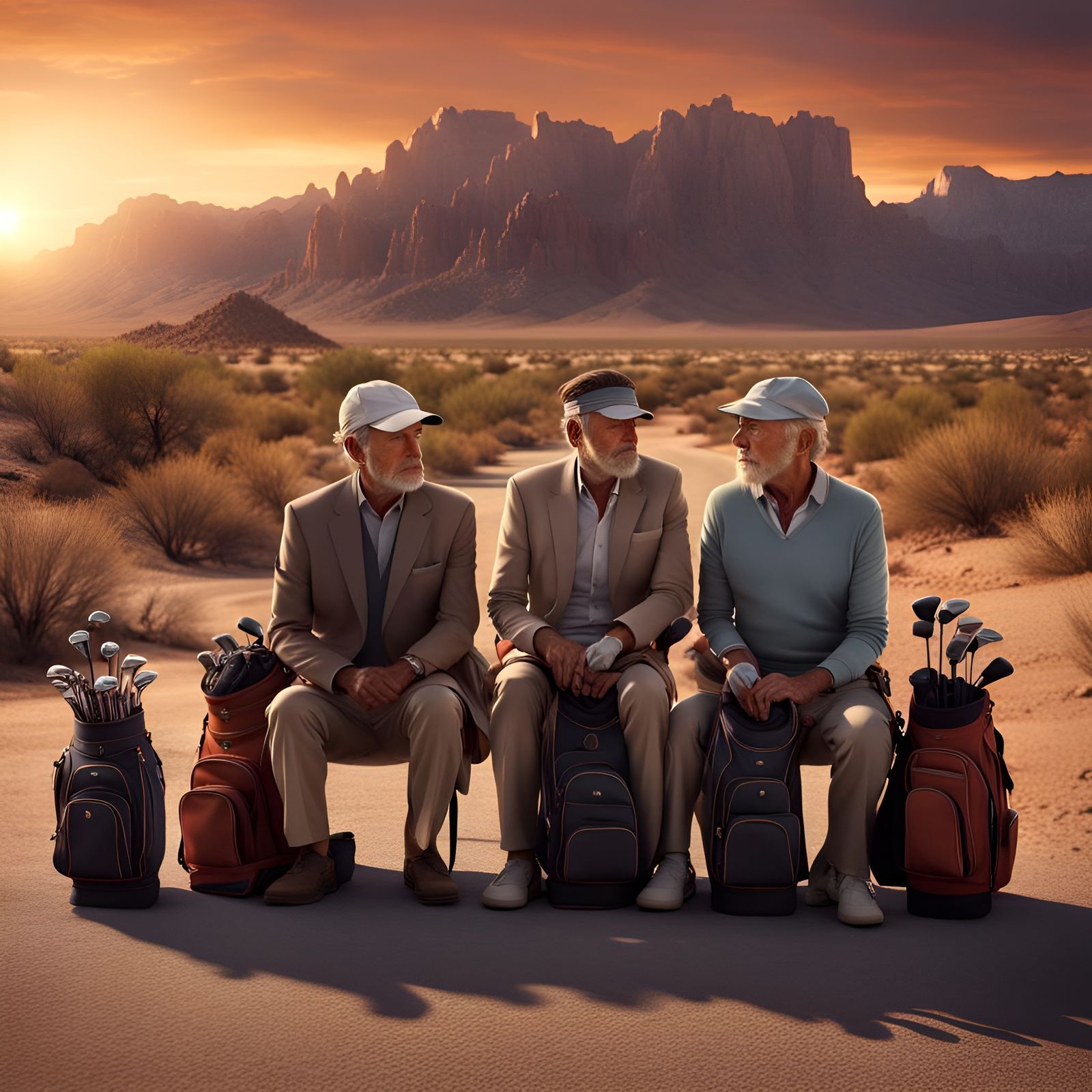 Golfers Stranded in Desert Sunset: Digital Matte Painting