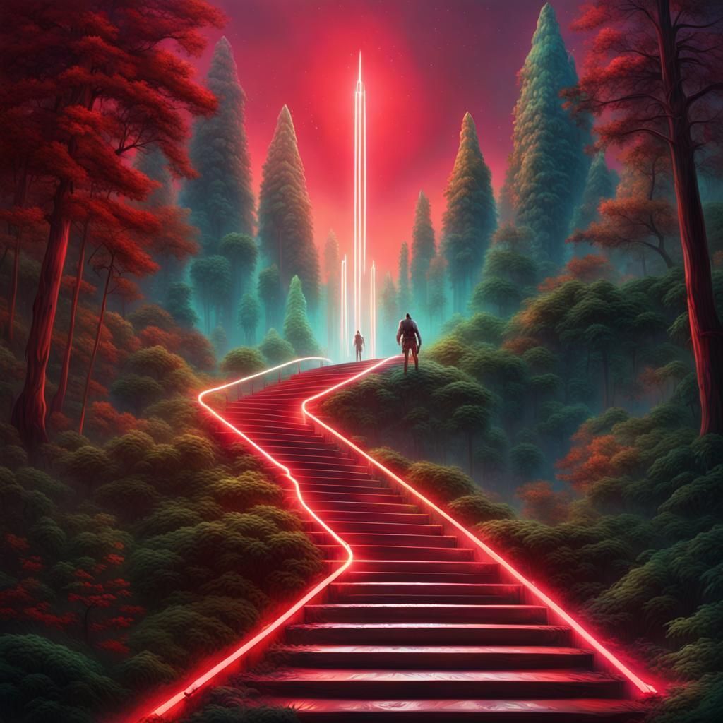 Colorful Stairway Path with Laser Sword in Forest